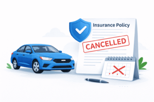 cancel car insurance illustration showing a car, a policy document, and a cancel stamp with a shield