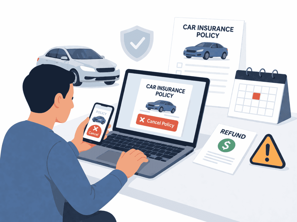 Driver canceling a car insurance policy with a car, policy document, and refund notice nearby