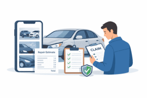 Driver reviewing a car insurance claim file with photos, a repair estimate, and a damaged car nearby