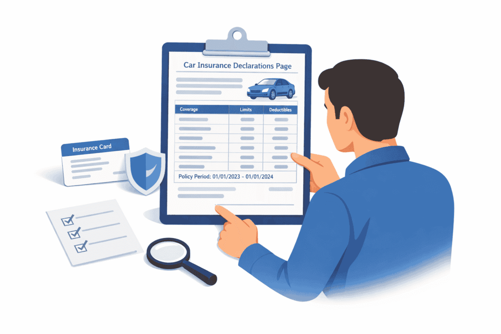Driver reviewing a car insurance declarations page with coverages, limits, deductibles, and policy details on a clean white background