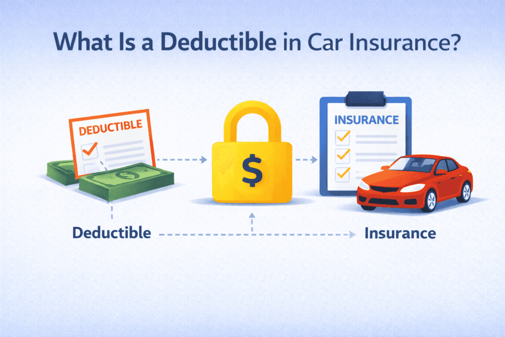 Illustration showing a car insurance deductible, with part of the repair cost paid by the driver before insurance coverage applies.