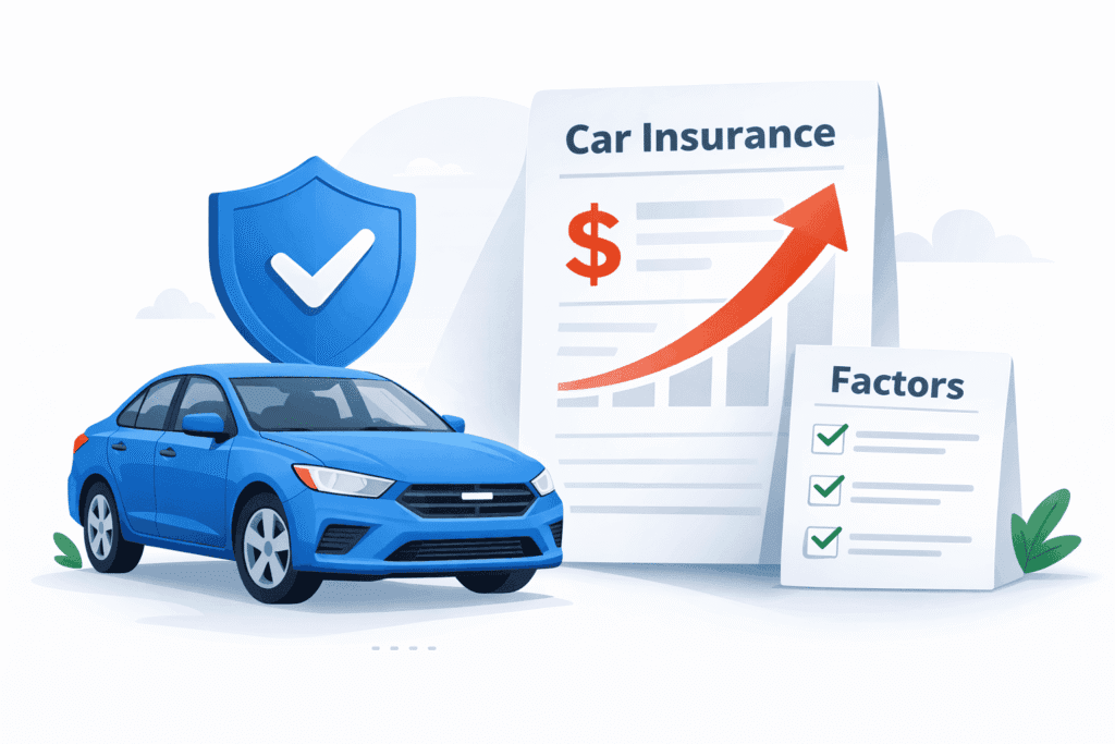 Car insurance expensive illustration showing a car, a rising bill, and a shield icon