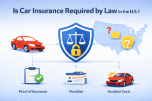 Diagram explaining whether car insurance is required by law in the United States, showing a car, legal shield, U.S. states, and insurance requirements