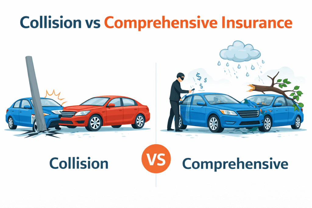 Collision vs comprehensive insurance comparison showing covered events