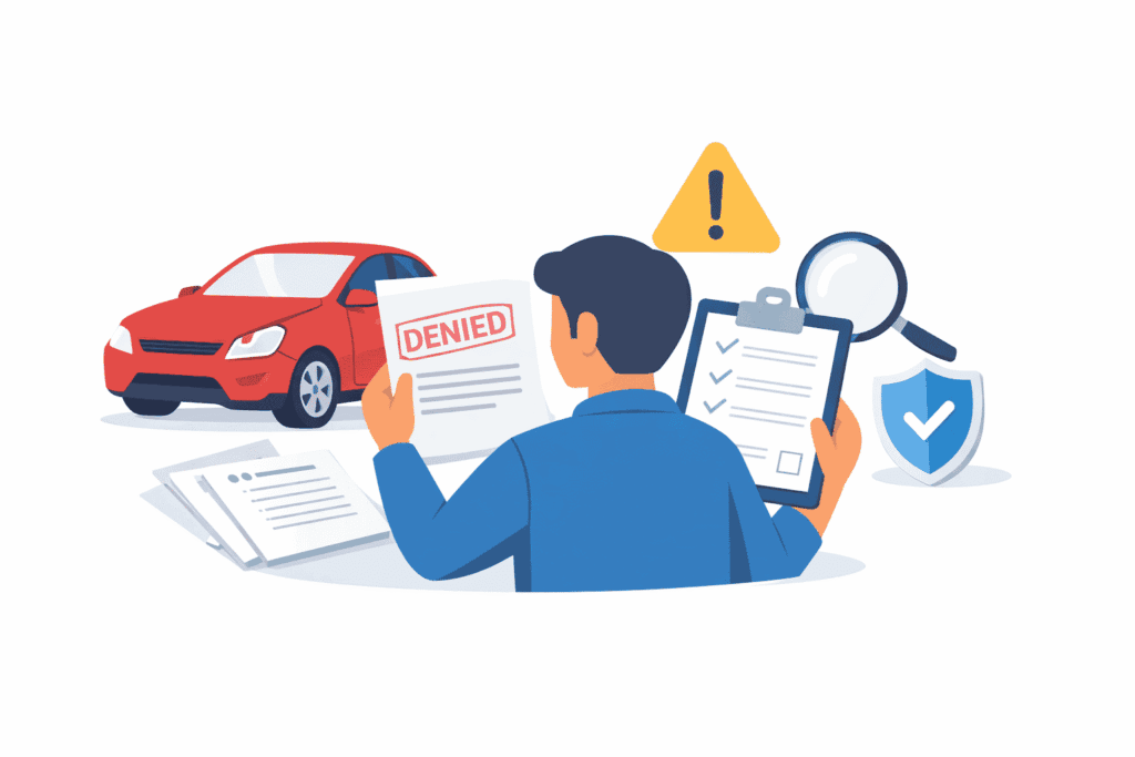 Driver reviewing a denied car insurance claim letter with policy documents and light vehicle damage on a clean white background