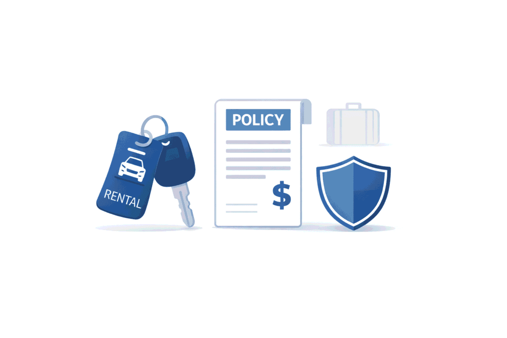 Does car insurance cover rental cars illustration showing a rental key tag, a policy document, and a coverage shield