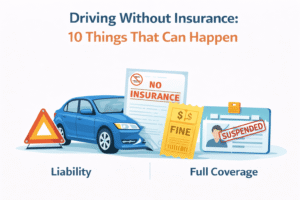 Driving without insurance consequences shown with fines, license suspension, and accident costs