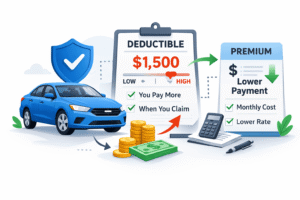 Higher deductible lower premium illustration showing a car, a shield, and a deductible document