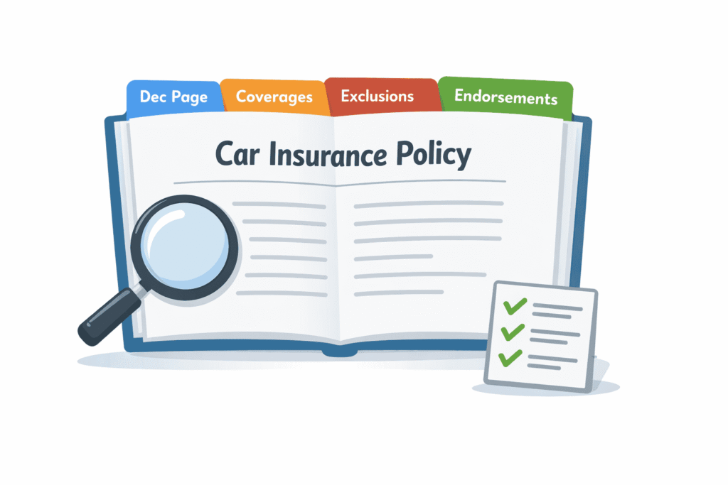 Car insurance policy sections explained with a simple checklist