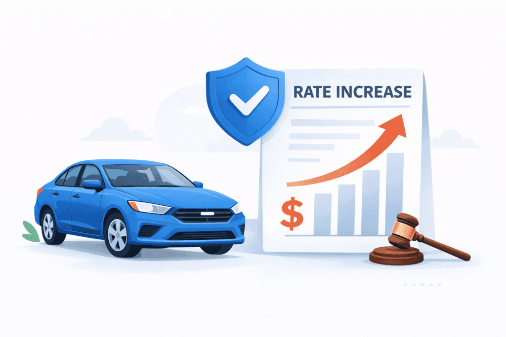 insurance rate increase legal illustration showing a car, a rising rate chart, and a shield