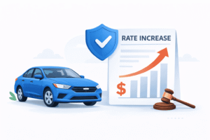 insurance rate increase legal illustration showing a car, a rising rate chart, and a shield