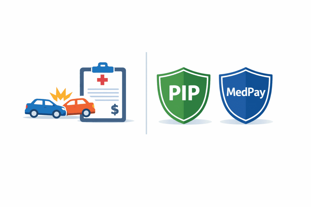 PIP vs MedPay car insurance comparison showing medical bills, a crash icon, and two coverage shields labeled PIP and MedPay