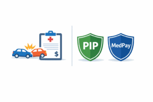 PIP vs MedPay car insurance comparison showing medical bills, a crash icon, and two coverage shields labeled PIP and MedPay