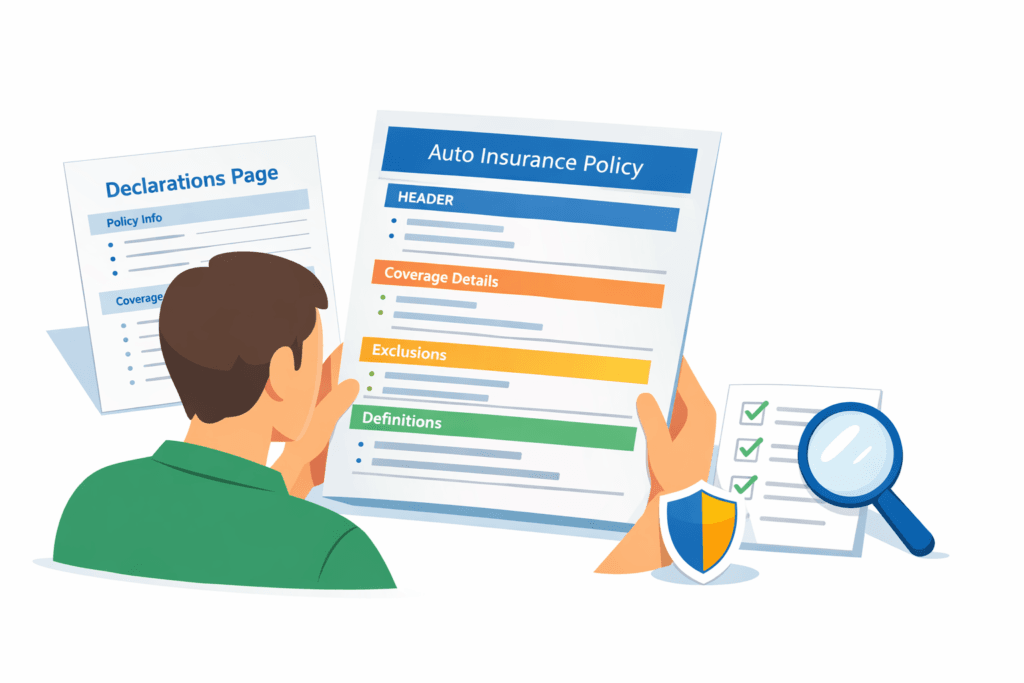 Driver reading a clearly organized auto insurance policy with highlighted sections and a declarations page on a clean white background