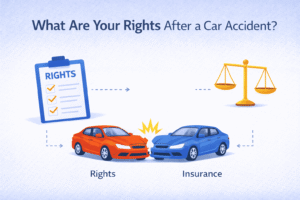 Illustration showing rights after a car accident, featuring two vehicles in a collision, a checklist of driver rights, and a justice scale representing legal protection.