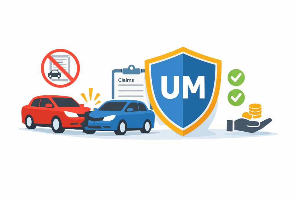 Uninsured motorist coverage concept with a crash scene and insurance shield icons