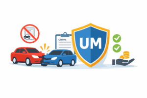 Uninsured motorist coverage concept with a crash scene and insurance shield icons