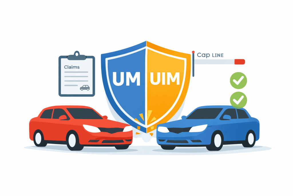 Uninsured vs underinsured motorist coverage comparison with UM and UIM shield icons