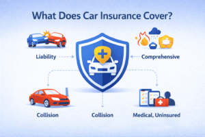 Diagram explaining what car insurance covers, showing liability, collision, comprehensive, and medical or uninsured coverage around a protected car.