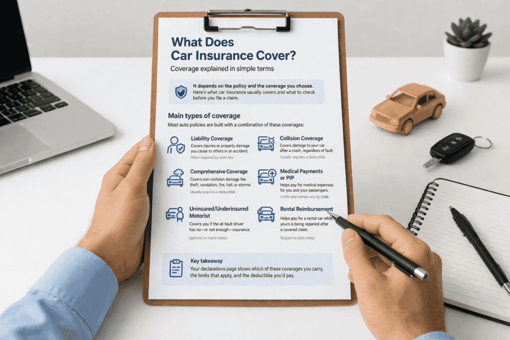 Driver reviewing a car insurance policy with sections for liability, collision, and comprehensive on a clean white background.