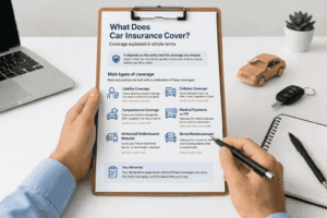 Driver reviewing a car insurance policy with sections for liability, collision, and comprehensive on a clean white background.
