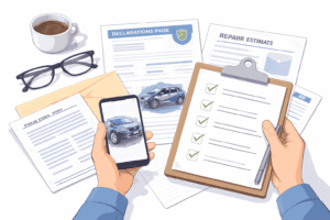 Driver organizing car insurance claim documents, including photos, a declarations page, a repair estimate, and a checklist on a clean white background.