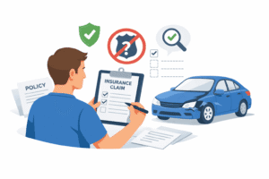 Driver reviewing a car insurance claim with missing police report, policy documents, and light accident damage on a clean white background