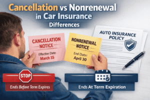 Driver comparing cancellation and nonrenewal auto insurance notices next to a policy document on a desk
