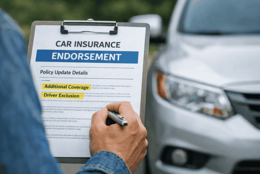 Driver reviewing an auto insurance endorsement document next to a parked car on a clean white background