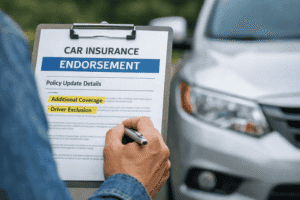 Driver reviewing a car insurance policy endorsement document next to a vehicle