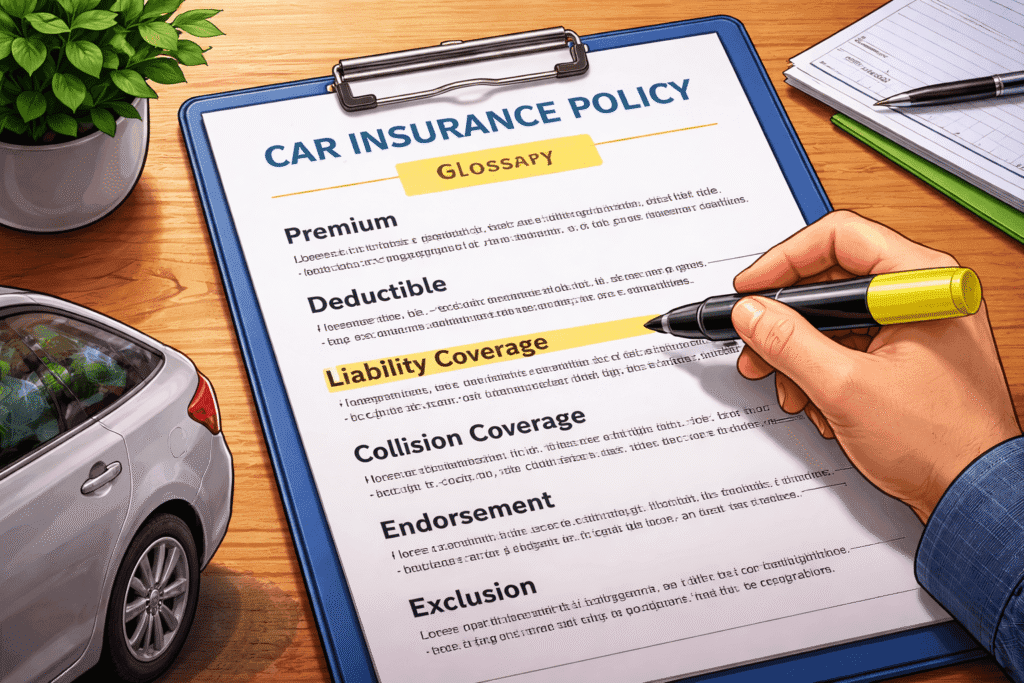 Driver reviewing a car insurance glossary with highlighted policy terms on a clean white background