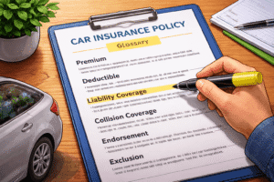 Driver reviewing a car insurance policy glossary with highlighted coverage terms