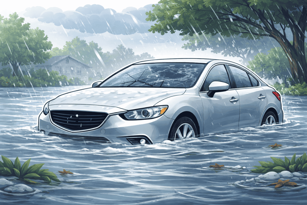 Car partially submerged in floodwater after heavy rain