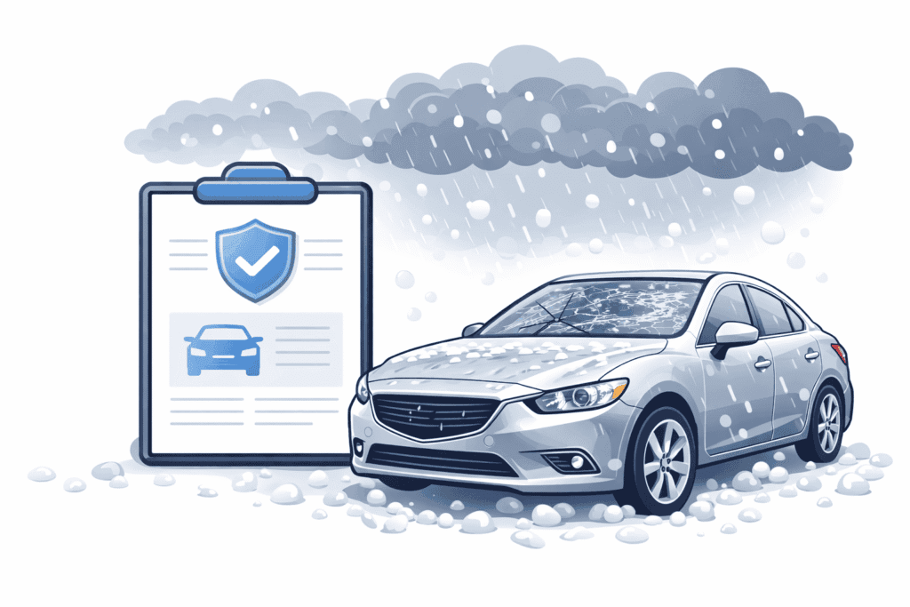 Car with hail dents and a cracked windshield parked after a severe storm