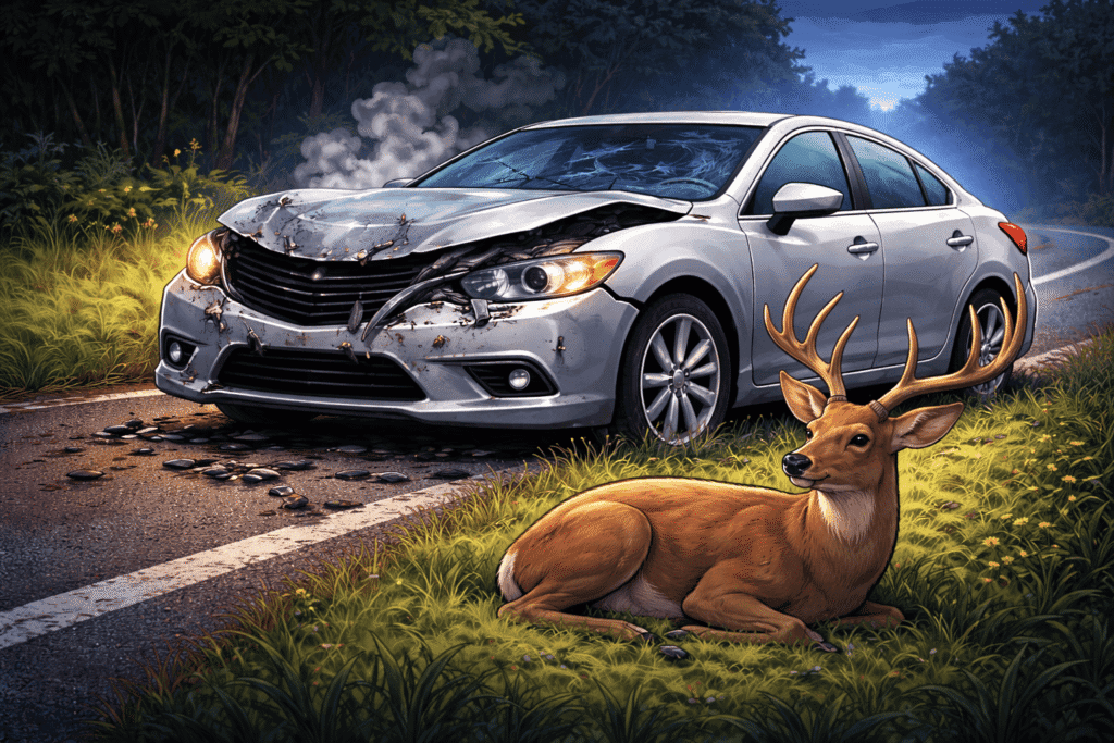 Car with front-end damage after hitting a deer on a dark rural road