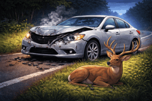 Car with front-end damage after hitting a deer on a dark rural road