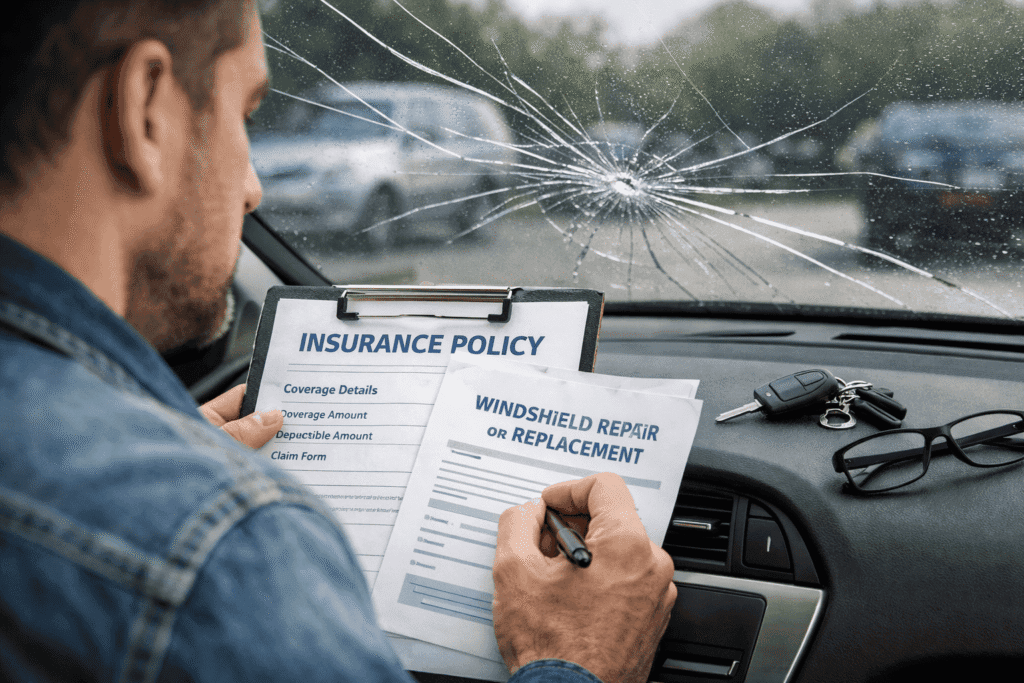 Driver looking at a cracked windshield while reviewing car insurance coverage documents