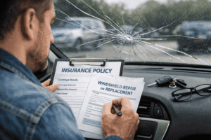 Driver looking at a cracked windshield while reviewing car insurance coverage documents