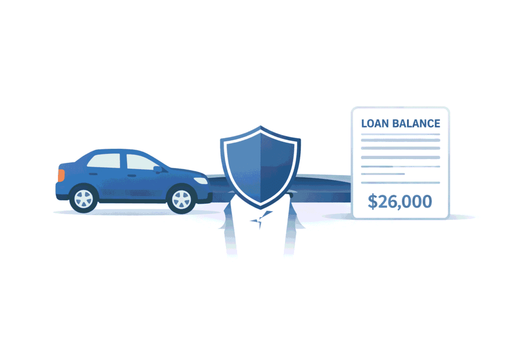 GAP insurance illustration showing a car, a loan balance document, and a shield bridging a value gap