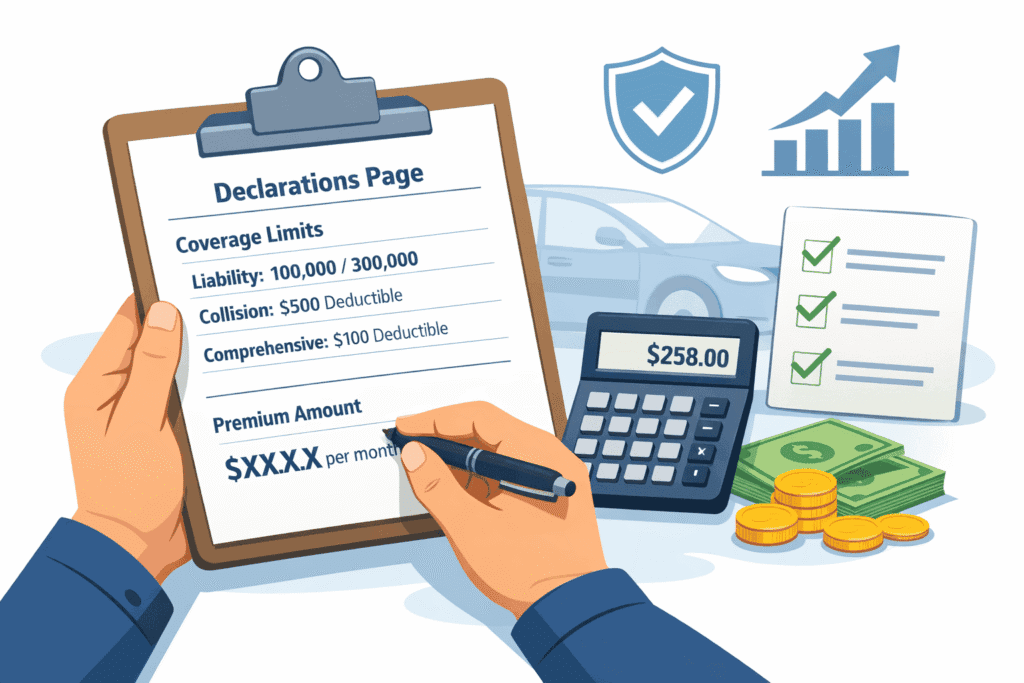 Suggested ALT text: Driver reviewing car insurance coverage limits and premium details on a declarations page with a calculator and checklist on a clean white background.