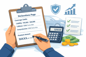 Suggested ALT text: Driver reviewing car insurance coverage limits and premium details on a declarations page with a calculator and checklist on a clean white background.