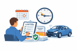 Driver reviewing a car insurance claim timeline with documents, checklist, and damaged car on a clean white background
