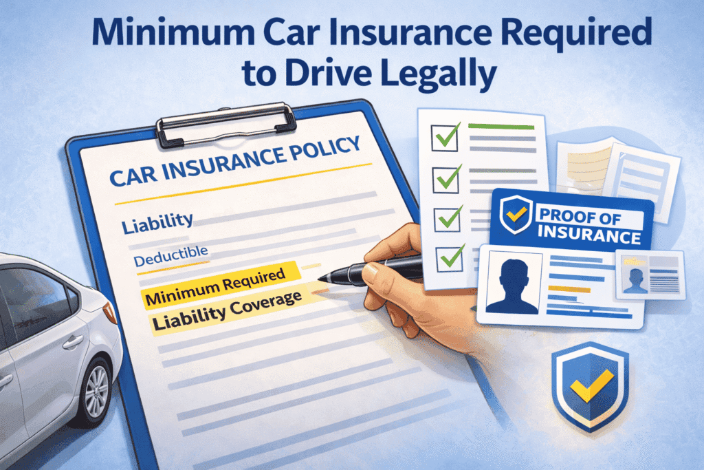 Illustration showing a car insurance policy with liability coverage highlighted next to SR-22 forms, a driver’s license, a judge’s gavel, and a damaged red car.