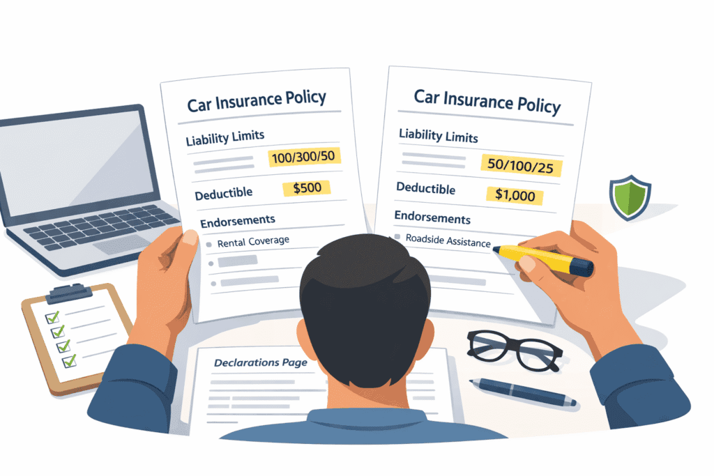 Driver comparing two car insurance policy documents side by side with highlighted coverage limits and deductibles on a desk
