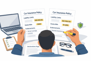 Driver comparing two car insurance policy documents side by side with highlighted coverage limits and deductibles on a desk