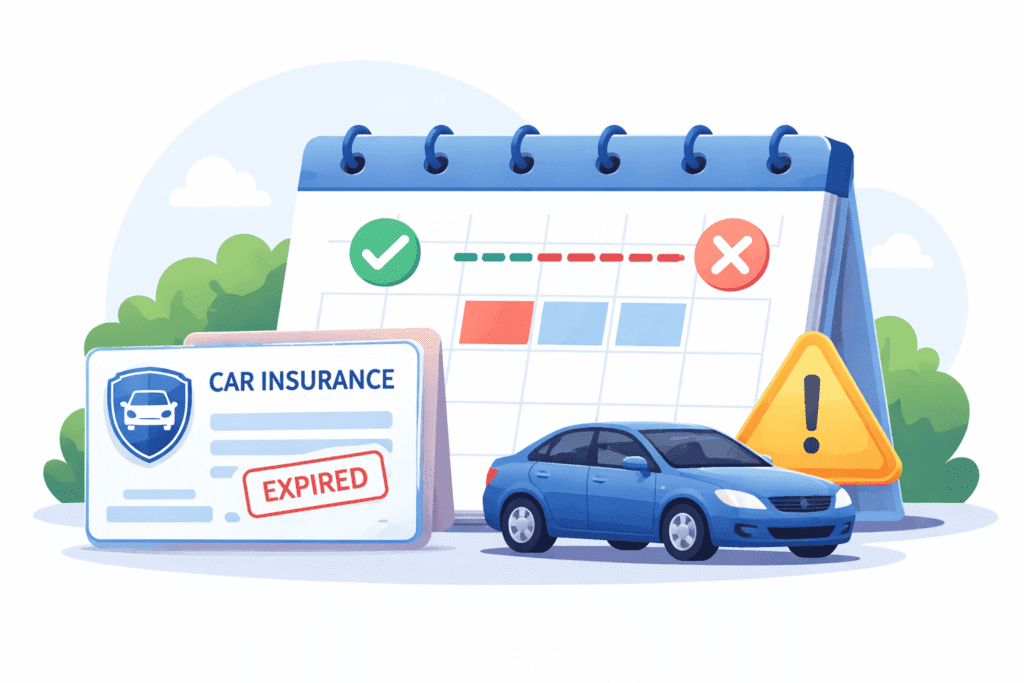 Car insurance lapse concept with an expired payment notice, a gap on a calendar timeline, and a car insurance card beside a warning symbol.