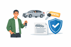 ALT text: Non-owner car insurance illustration with a driver, a borrowed car, a rental car key tag, and a liability shield on a clean white background