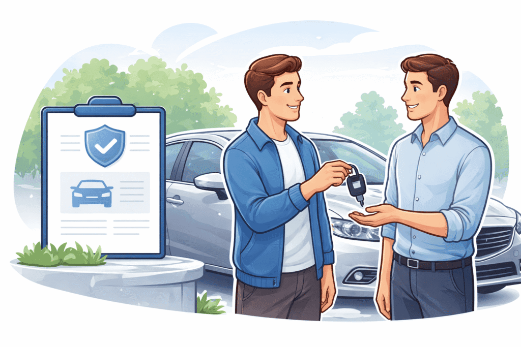 Car owner handing keys to another driver while reviewing an auto insurance policy