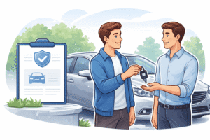 Car owner handing keys to another driver while reviewing an auto insurance policy