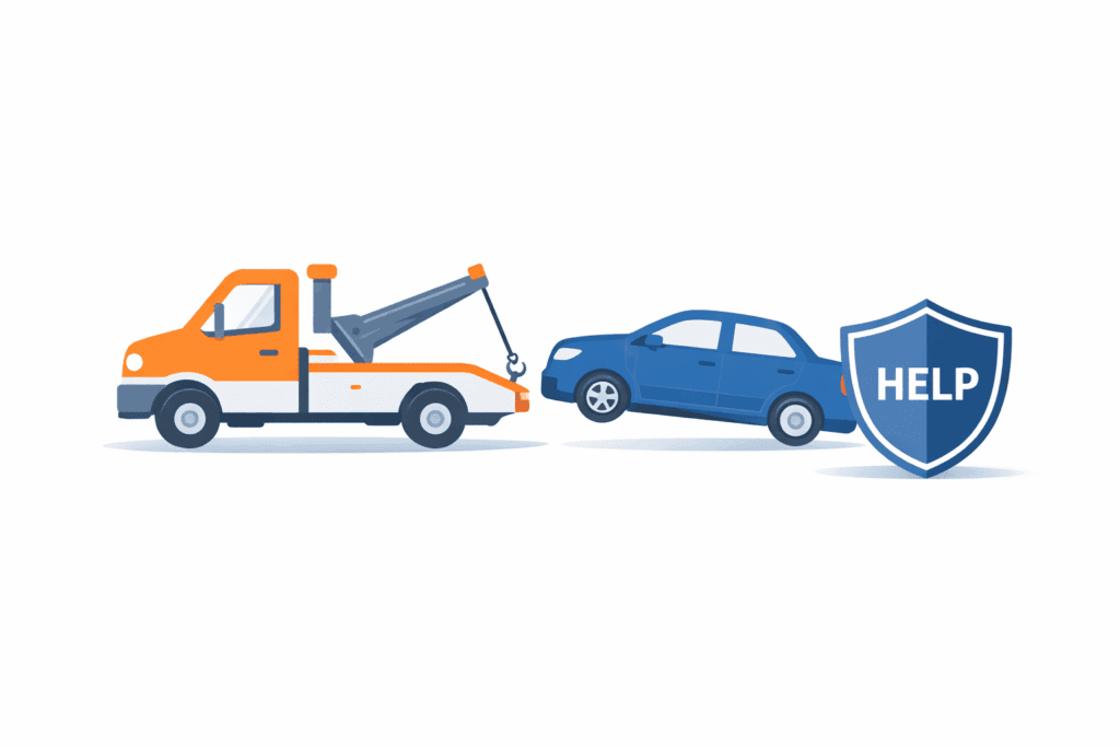 Roadside assistance coverage illustration showing a tow truck, a car with a flat tire, and a help shield icon